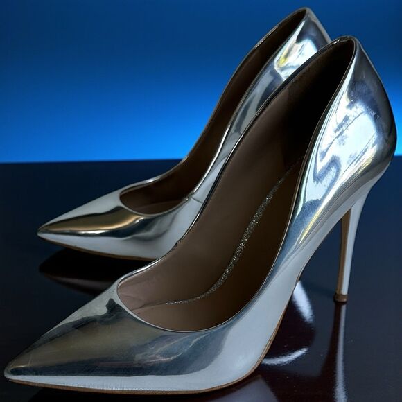 Aldo Metallic Silver Pointed Toe Pump Heel Size 8 Shiny Monochromatic Stiletto - Picture 1 of 13